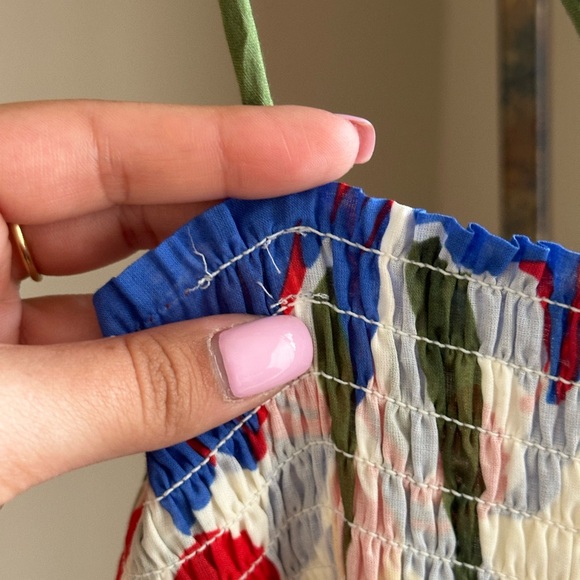 Tory Burch Iris Smocked Floral Midi Dress White Red Blue Size Large Fit & Flare - Picture 6 of 13